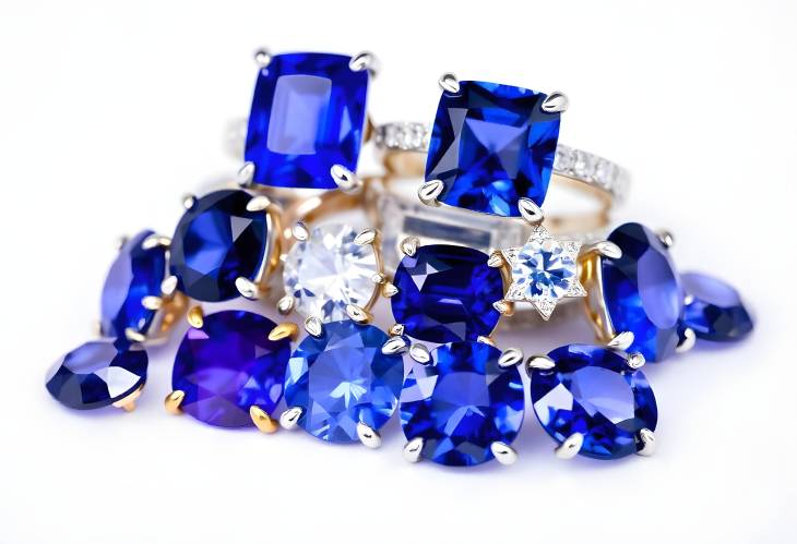 Sapphire Artistry A Stacked Display of Rings and Stones